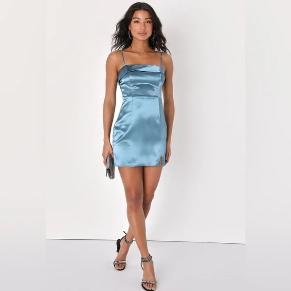 Lulus Satin Bodycon Dress Blue Lulus Fanciful Flirt Royal Blue Satin Cowl  Neck Skater Mini Dress